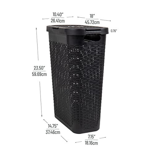 Mind Reader Slim Laundry Hamper with Lid, 40L Clothes Basket, Narrow Tapered Design with Ventilated Cutout Pattern, Plastic, Black - color: Black, size: Single