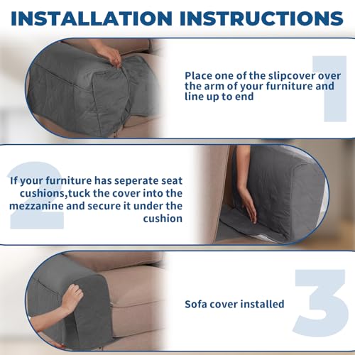2Pcs Sofa Armrest Cover, Waterproof Armchair Slipcovers with Side Pocket, Couch Arm Covers, Easy Installation Armrest Organizer, Sofa Arm Protector for TV Remote Phone (Grey)