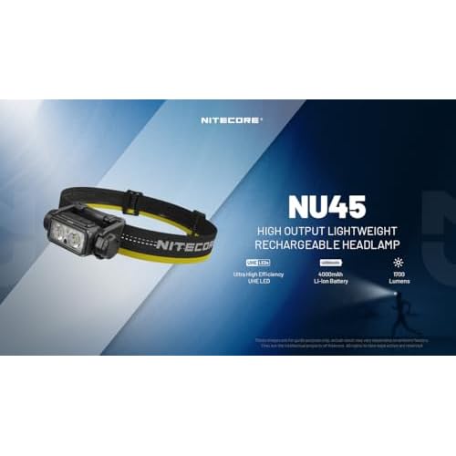 Nitecore NU45 1700 Lumen Headlamp, USB-C Rechargeable Fast Charging, Long Runtime for Camping, Running, or Work, with Auxilary White Reading Light and Red Light