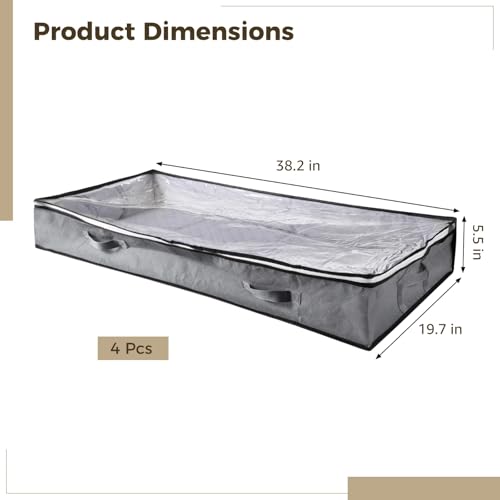 4 PCS Underbed Storage Bins, Foldable Clothes Organizers with Transparent Top, Dual Zipper Closure, Front & Side Handles, Store Clothes, Blankets, Toys, Linens under Couch or Crib