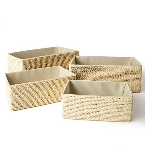 Storage Baskets Set 4 - Stackable Woven Basket Paper Rope Bin, Storage Boxes for Makeup Closet Bathroom Bedroom (Beige) - color: Beige