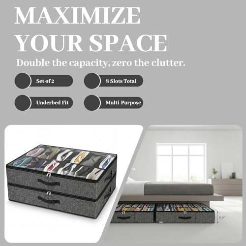 2 Pack Underbed Shoe Storage Organizer, Under Bed Shoe Organizer for Closet, Fits 14 Pairs & 4 Boots, Sturdy Shoe Bags for Storage, Shoe Organizer for Under Bed