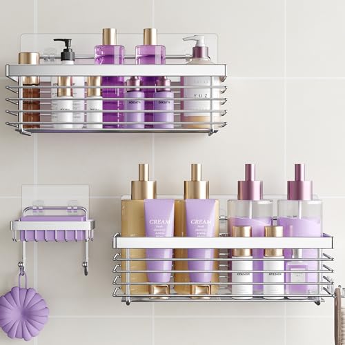 ODesign Shower Caddy 3 Pack SUS304 Stainless Steel-No Drilling-Shower Bathroom Shelves Rack,Rustproof Wall Mounted,Adhesive Shower Shelf Basket Organizer-Silver - color: Silver