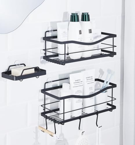 KINCMAX Shower Caddy and Soap Holder Set, Rustproof SUS304 Stainless Steel, Adhesive Wall Mount Double Baskets 2-pack with Hooks (Matte Black) - color: Matte Black, size: 2-Pack Caddies + Soap Holder