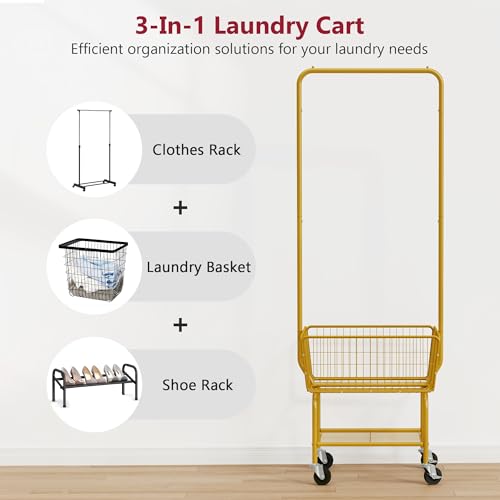 Tajsoon Laundry Cart with Wheels, Metal Rolling Laundry Hamper with Hanging Rack, Storage Basket and Shelf, Gold - color: Gold