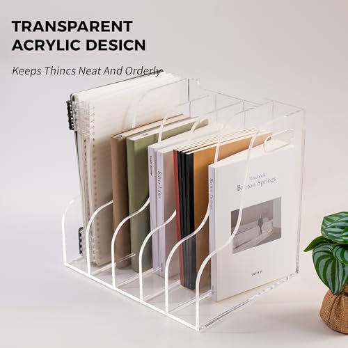 5 Vertical Compartments File Holder, Clear Acrylic Desk Organizer and Storage Bins Holding for Magazines, Binders, Notebooks, Envelopes, Multi-purpose Document Organizer for Home Office - size: A4, 5 Sections