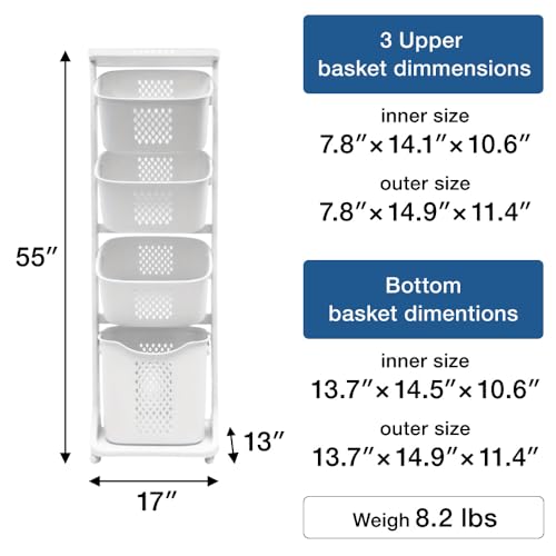 Japard 108 Liters Vertical Rolling Laundry Compact Hamper Ultra Slim, 4 Sorter Cart with Wheels and Breaks, 4-tier Baskets Detachable for Small Space, Dorm, Closet, Bathroom, Easy Assembly White Gray - size: 4 Tier