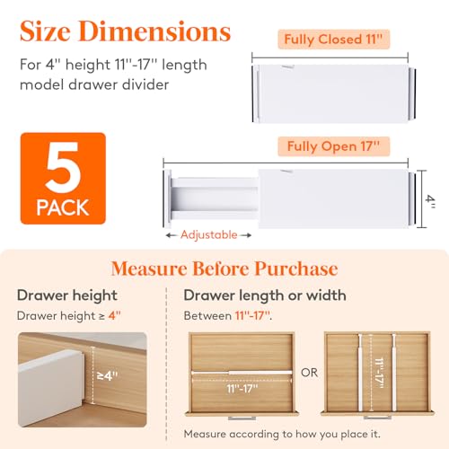 Lifewit 5 Pack 4" High Drawer Dividers 28-43.5cm/11-17" Adjustable Drawer Organizer for Clothes/Utensils, Expandable Drawer Separator in Dresser/Kitchen/Bedroom/Office Organization & Storage White - size: 4"H, 11-17"L