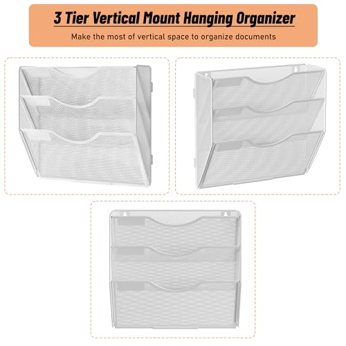 File Folder Organizer, 3-Tier Mesh Hanging Wall File Holder, Magazine Rack, Wall File Organizer With Pockets, Metal Document Organizer, Mail Organizer Wall Mounted for Office Home, White