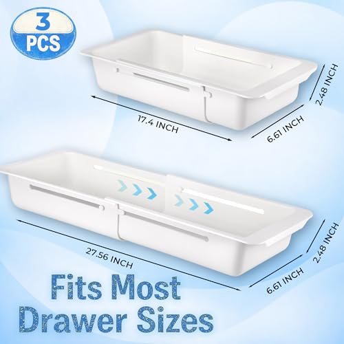 3-Pack Expandable Drawer Organizer for Deep Drawers, Adjustable Storage Tray (17–27 in), Durable PP Smooth Glide Divider for Kitchen, Vanity & Office, Space-Saving Design