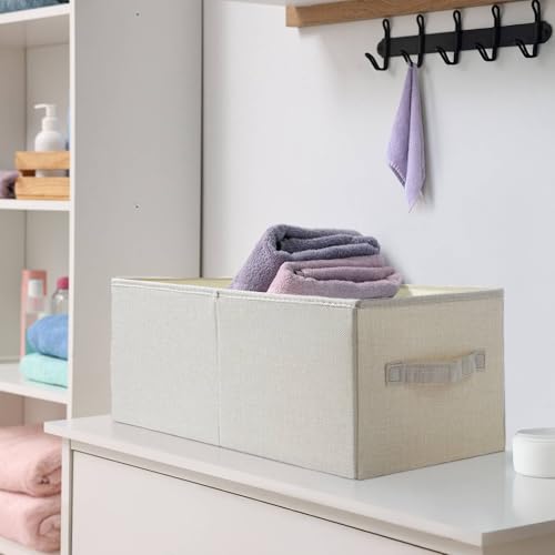 3 Pack Linen Storage Baskets with Handle,Large Foldable Closet Storage Bins for Shelves, Toys, Sheets, Clothes Organization,18"×11"×8",Beige