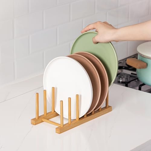 HBlife 2pcs Bamboo Dish Plate Bowl Cup Book Pot Lid Cutting Board Drying Rack Stand Drainer Storage Holder Organizer Kitchen Cabinet（Keep Dry） - color: Bamboo 6 Slots 2pcs