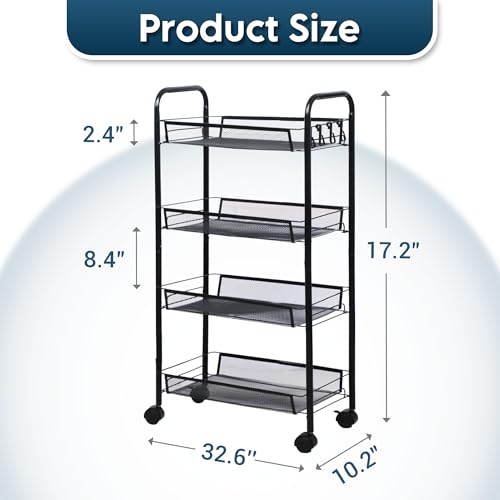 LOFTEY 4 Tier Rolling Storage Cart, Small Metal Utility Cart on Wheels, Rolling Organizer Carts for Kitchen, Bathroom, Laundry Room, Office, Easy No-Tool Assembly, Black