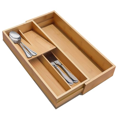 guiogc Expandable Bamboo Kitchen Drawer Organizer - Silverware Organizer - Utensil Holder and Cutlery Tray for Flatware Organizers and Kitchen Utensils - size: 10"Wx16"D (Expandable)