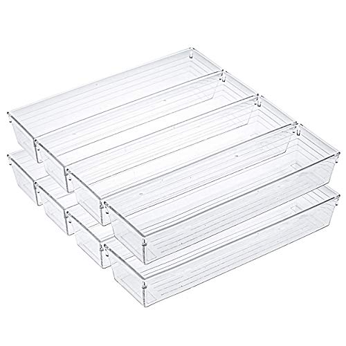 Kingrol 10 Pack 12 x 3 x 2 Inch Clear Drawer Organizer Trays, Desk Drawer Divider Storage Bins, Storage Box Set for Kitchen Bathroom Office Supplies