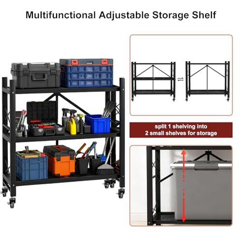 Grezone Foldable Shelves 3 Tier Heavy Duty Metal Storage Shelves with Wheels - No Assembly Collapsible Shelving Unit for Kitchen Garage Hold up to 750 lbs - size: 39‘’W x 13.5''D x 39''H