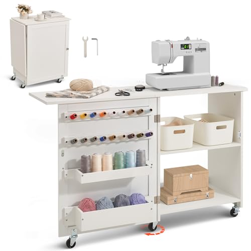 VEVOR Folding Sewing Table, Multipurpose Sewing Machine Table with Compact Design, Wheels, Shelves, Storage Trays, Wooden Pegs, and Magnetic Doors, Sewing Desk Cabinet for Sewing Machine, White - size: White w/o Cabinet