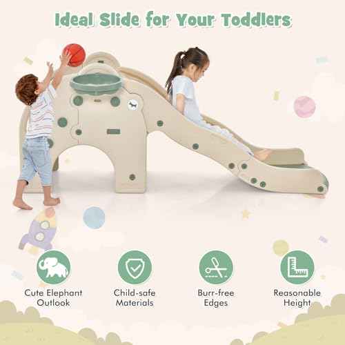 BABY JOY Toddler Slide, Elephant Shape Large Slide for Kids with Basketball Hoop, Buffer Zone & Non-Slip Steps, Freestanding Kids Slide Set for Indoors Boys Girls Over 18 Months Old Gifts Present