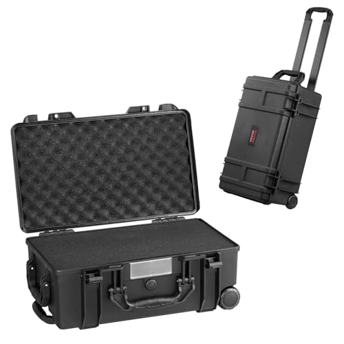 VEVOR Weatherproof Hard Case, Heavy Duty Protective Dry Box with Pre-Cut Foam, Wheels & Retractable Pull Handle for Travel, Hunt, Military, Tactical, IP67 Waterproof Case for Cameras (64x51x25)