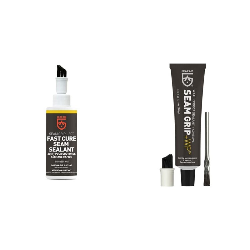 GEAR AID Seam Grip FC Fast Cure Sealant for Nylon and Polyester Tents, Tarps, Awnings, Clear, 2 oz Seam Grip WP Waterproof Sealant and Adhesive for Tents and Outdoor Fabric, Clear, 1 oz