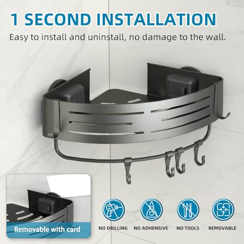 Onemake Corner Shower Caddy with Suction Cups, 2-Pack Removable Aluminum Wall Mounted Organizer Shelves Storage Rack with Towel Bar Portable Hook for Bathroom, Grey - style: 2 Tier-Gray-Triangle Caddies