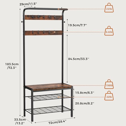 DUMOS Hall Tree with Shoe Bench and Coat Rack, Entryway Bench with Shoe Storage and Hooks, 4-in-1 Coat and Shoe Rack for Entryway, Mudroom Storage Organizer with Shelves, Rustic Brown