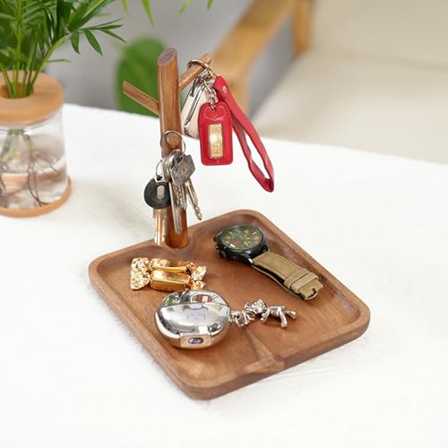 Wooden Key Holder with Tray, Tree Shaped Key Stand & Key Tray for Entryway Table, Rustic Home Organizer for Keys Jewelry