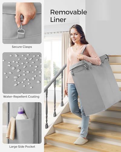 SONGMICS Laundry Basket with Wheels, 2-Section Rolling Laundry Hamper, 37 Gallons (140 L), Removable Liner, Steel Frame with Handle, 27.2 x 15.4 x 31.9 Inches, Dove Gray URLS004G01 - color: Dove Gray, size: 140 L (2-Section), style: Rectangular with handl