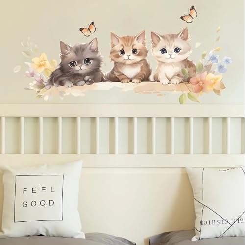 Cozy Kittens Wall Stickers, sacinora Cute Cartoon Cat Butterfly Art Wall Decals Removable Vinyl Peel and Stick for Baby Boy Girl Nursery Living Room Bedroom Toddler Room Kindergarten Home Decorations