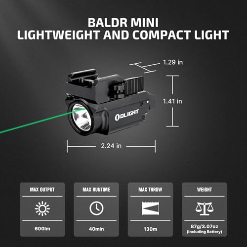 OLIGHT Baldr Mini 600 Lumens with Green Beam and White LED Combo, Magnetic USB Compact Rechargeable Tactical Flashlight with Adjustable Rail for G19, G45, Sig P320, and so on(Desert Tan)