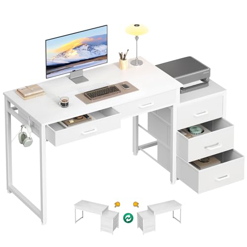 ODK Computer Desk with 5 Drawers, 53 Inch Office Desk for Kids Study, White Vanity Desk for Girls Dressing Room, Small Computer Table for Bedroom, White - color: White