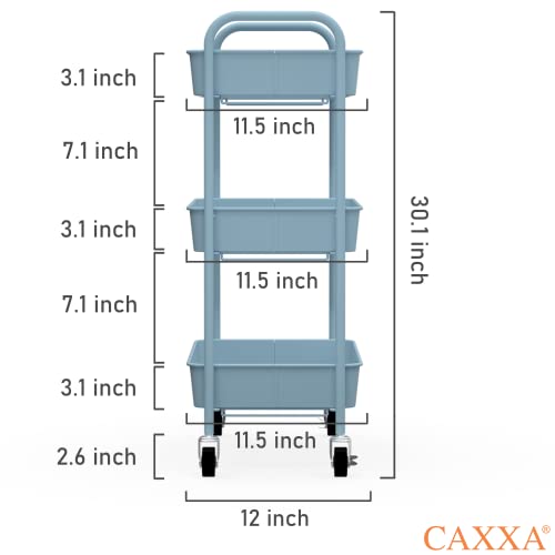 CAXXA 3-Tier Rolling Metal Storage Organizer - Mobile Utility Cart with Caster Wheels, Blue - color: Blue