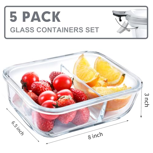 VERONES 5 Pack Glass Meal Prep Containers 2 Compartment Set, 36OZ Airtight Glass Lunch Containers, Glass Food Storage Containers with Lids, for Microwave, Oven, Freezer & Dishwasher Friendly,Grey - color: Grey