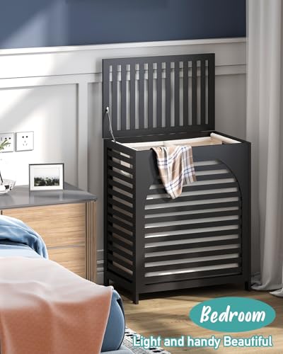 Black Laundry Hamper, Laundry Hamper with Lid, 27.3 Gallon (103L) Bamboo Wood Clothes Laundry Basket with Lid and Handles, Removable Liner - color: Black, size: Extra Large