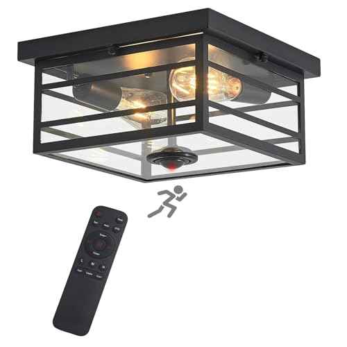 Upgraded Outdoor Ceiling Lights with Motion Sensor and Remote, Flush Mount Ceiling Light Fixture with 4 Lighting Modes, Squares Black with Clear Glass for Porch Patio Entryway Garage Farmhouse