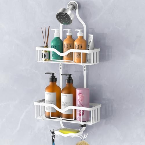 Kadolina Shower Caddy Hanging, Bathroom Shower Rack, Bathroom Organizer with Soap Dish, Over The Showerhead Caddy with Hooks for Razor/Sponge, Soft White (Assembly Required) - color: Soft White
