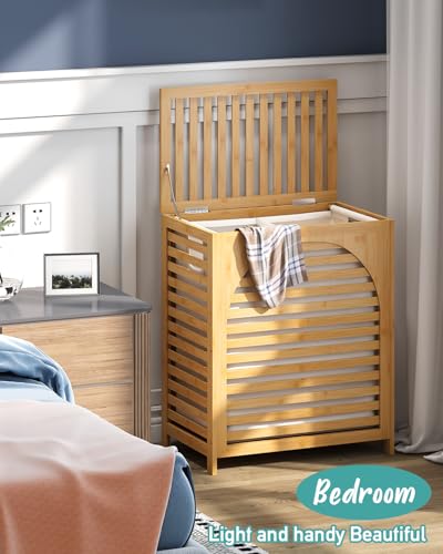 Laundry Hamper with Lid, 27.3 Gallon (103L) Bamboo Wood Clothes Laundry Basket with Lid and Handles, Removable Liner - color: Natural, size: Extra Large