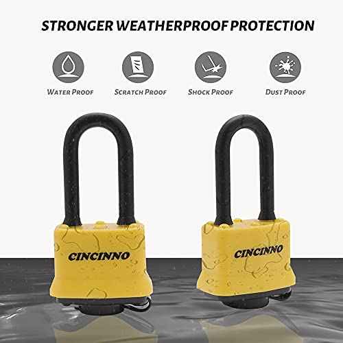 4 Pack Heavy Duty Covered Laminated Steel Padlocks Keyed Alike, Weatherproof Padlocks with 1-9/16 in. Wide Body, Long Shackle for Gate, Shed, Storage Locker Lock