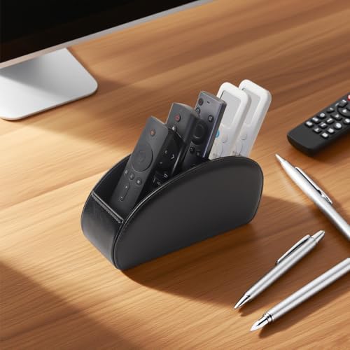 Remote Control Holder, PU Leather Remote Caddy Desktop Organizer with 5 Spacious Compartments for TV Remotes/Media Controllers/Office Supplies(Black) - color: Black