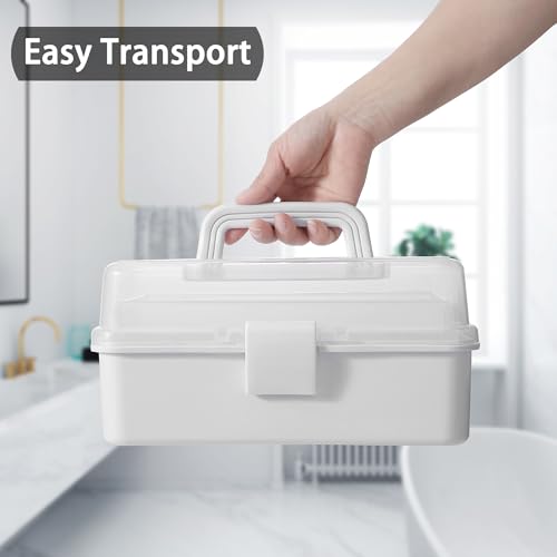 11(in) Versatile Three-Layer Folding Organizer Box,Ideal for Art & Crafts,Toys,Sewing Supplies,Jewelry and Tools,Storage with Dual Trays,Elegant White - color: White