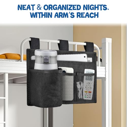 Hanging Bedside Caddy, 4 Pockets Bunk Bed Caddy, Bed Pocket for University Dormitories, Hospitals, Chairs, Crib Guardrails for Mobile Phone, Tablet Computer, Remote Control, Water Cup