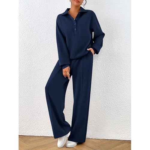 PRETTYGARDEN Women Fall 2 Piece Outfits Sweatsuits Quarter Button Long Sleeve Sweatshirt Wide Leg Pants Tracksuit Lounge Sets