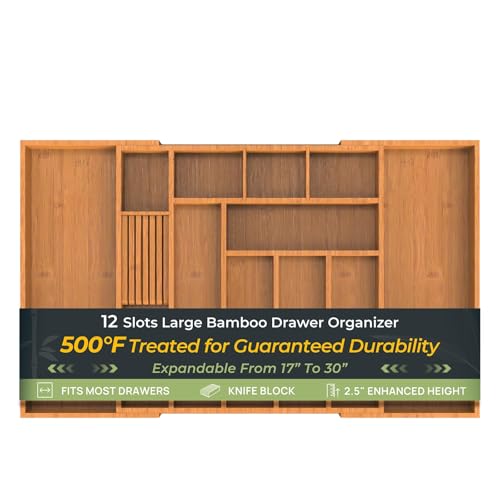 keechee Carbonized Large Bamboo Kitchen Drawer Organizer, 12 Slots Expandable Silverware Organizer, Utensil Holder & Cutlery Tray, 2.5" Deep for Extra Capacity, Non-Slip Feet Included - size: 12 Slots（Large & Expandable）