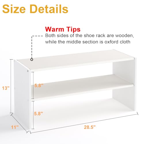 2 Pack 2 Tier Small White Shoe Rack For Closet, Stackable Shoe Shelf Organizer for 18 -24 Pairs of Shoes, Small Shoe Storage Organizer for Entryway, Hallway,Living Room, Bedroom, Size 28.5"* 11" * 13" - size: 2 Pack (28.5" Long)