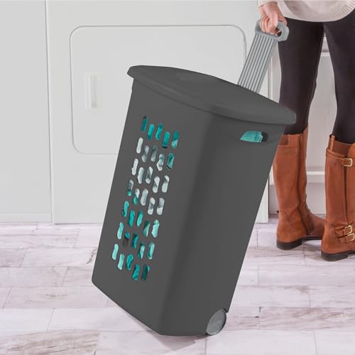 Sterilite 3-Pack Ultra Wheeled Hamper, Plastic Rolling Laundry Basket, Flat Gray - Portable Clothes Carrier with Flip-Top Lid and Retractable Handle for Home, Apartment, and Dorm - color: Flat Gray