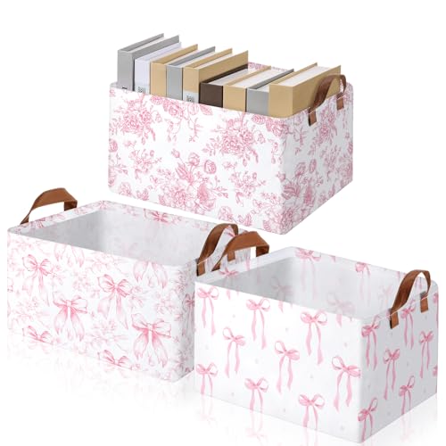 Boao 3 Pcs Pink Bow Storage Bin Coquette Collapsible Large Storage Baskets for Gifts Empty Candy Holiday Decor Canvas Laundry Basket Foldable Box with Handle for Office Home Bedroom Clothes - style: Pink Bow