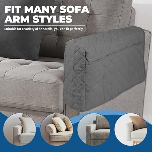 2Pcs Sofa Armrest Cover, Waterproof Armchair Slipcovers with Side Pocket, Couch Arm Covers, Easy Installation Armrest Organizer, Sofa Arm Protector for TV Remote Phone (Grey)