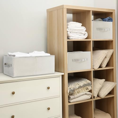 3 Pack Linen Storage Baskets with Handle,Large Foldable Closet Storage Bins for Shelves, Toys, Sheets, Clothes Organization,18"×11"×8",Beige