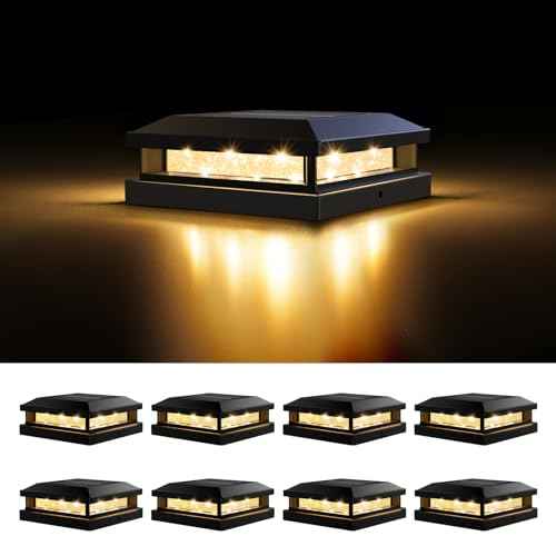 Solar Post Cap Lights Outdoor 8 Packs, Waterproof Solar Powered Deck Light for 4x4 4.5x4.5 5x5 Vinyl/Wooden Posts, Black Outside Warm/Cool Lighting Fence Cap Lights with 16LEDs for Garden, Patio