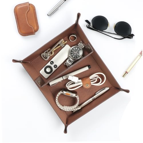 Londo Leather Tray Organizer - Practical Lightweight Water Resistant Computer Table Desk Storage Box for Wallets, Watches, Keys, Coins, Cell Phones and Office Equipment - color: Light Brown